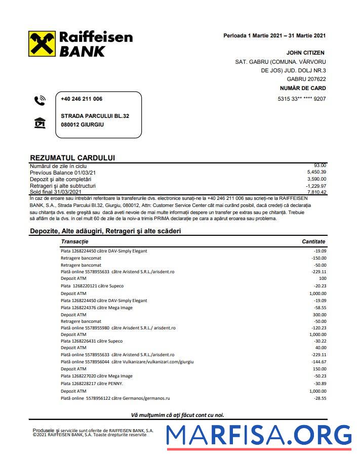 Downloadable Romania Raiffeisen Bank in Romanian language bank statement excel download for verification